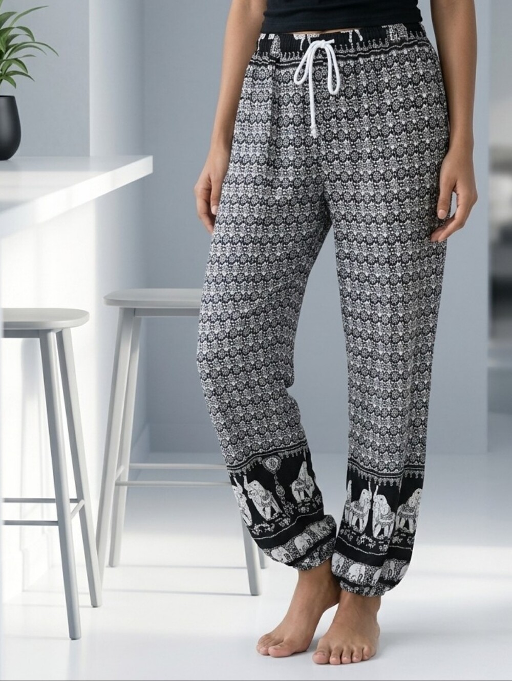 Elephant Print Harem Pants Boho Yoga Lounge Joggers Large Vacation Traveler Chic